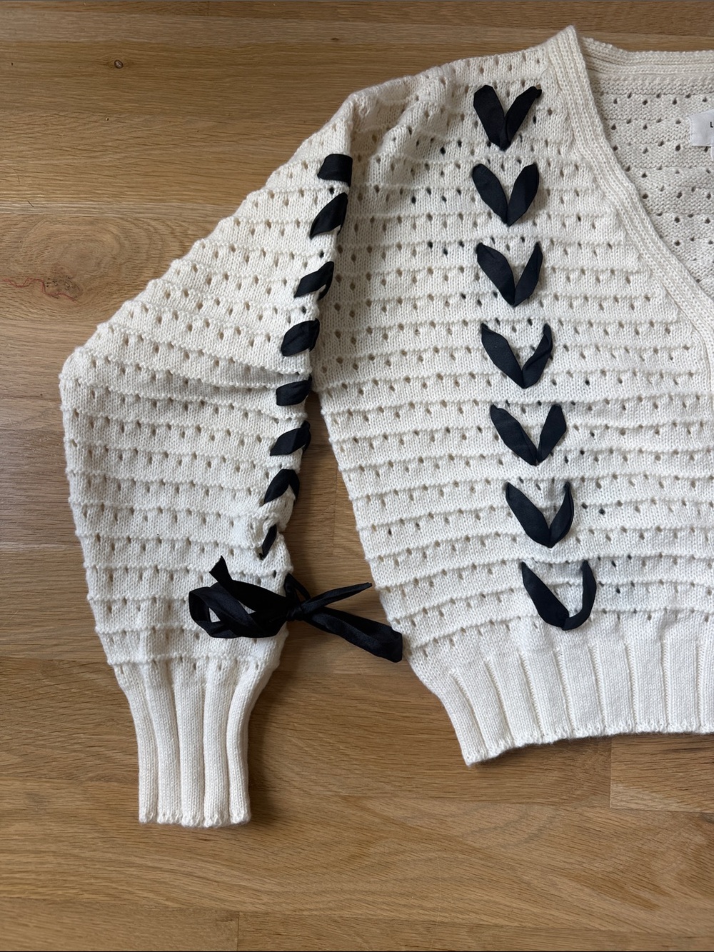 Cream Knit Button-Front Cardigan with Black Ribbon Detail - Picture 2 of 5
